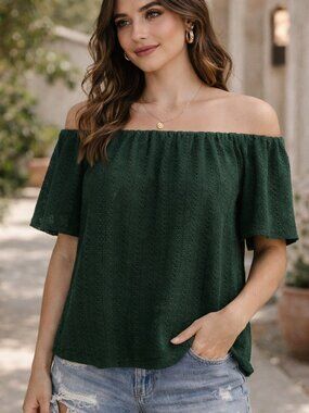 LOFT Hunter Green Eyelet Knit Top | Lined | On/Off Shoulder | Size M